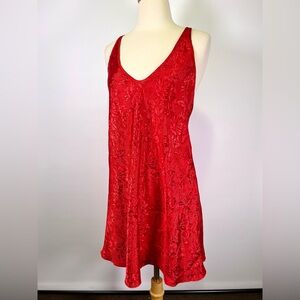 VTG 90s Jenny Buchanan Red Jacquard Slip Dress Criss Cross Floral Satin Medium